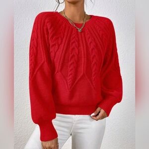 NEW Chic Textured Fair Isle Look Cable Knit Sweater Bishop Sleeve Red